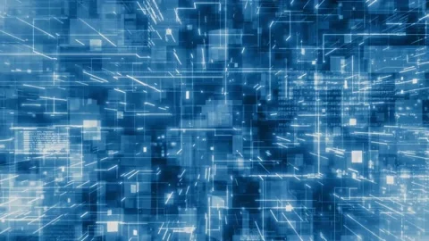 Motion graphic 4K camera flying into a blue digital hologram 3d matrix. Stock-Footage 166210196