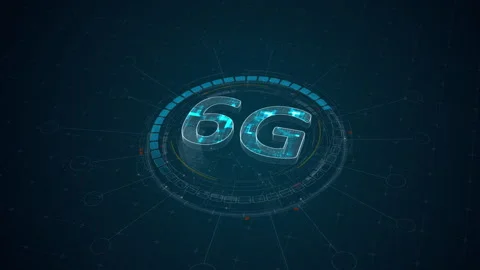 Motion graphic of 6G network HUD interface with glowing cyan data rings, rotatin Stock Footage 335063082