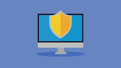 A motion graphic animation of a desktop computer with a shield symbol appea.. Stock-Footage 333430441