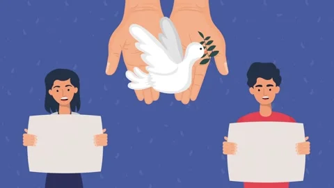 A motion graphic animation of hands holding a dove with olive branch and tw.. Vídeo Stock 339049390
