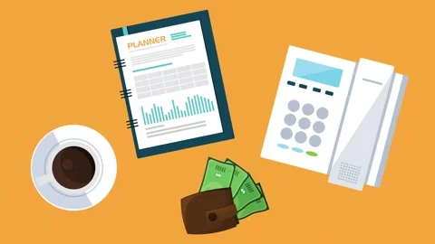 A motion graphic animation of a top-down view of a business planner, a calc.. Stock Footage 334265914