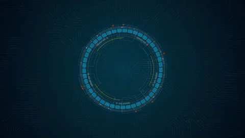 Motion graphic of blank HUD circuit board interface with rotating cyan rings, su Stock Footage 335063103