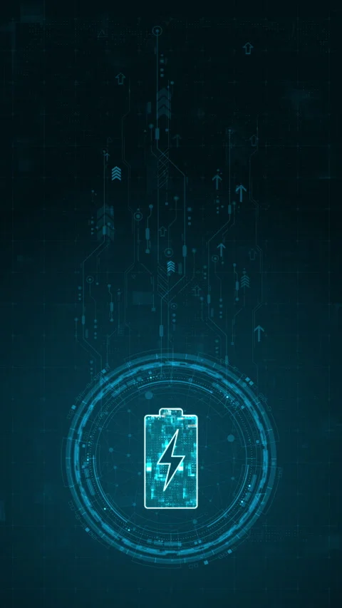 Motion graphic of Blue digital battery logo and circle futuristic HUD elements w Stock Footage 313866488