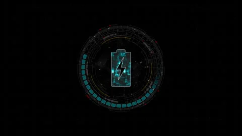 Motion graphic of Blue digital battery logo and circle futuristic HUD elements w Stock Footage 323259046