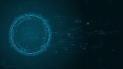 Motion graphic of Blue digital circle futuristic HUD elements with flowing arrow Stock Footage 318338425