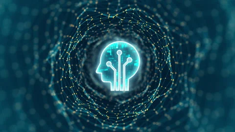 Motion graphic of Blue digital Robot head logo and tunnel line connection with a Stockbeeldmateriaal 312753342