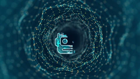 Motion graphic of Blue digital Robot head logo and tunnel line connection with a Stock Footage 312753735