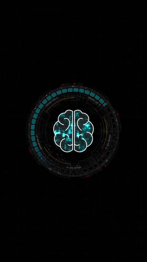 Motion graphic of Blue digital robot brain logo and circle futuristic HUD elemen Vidéo 328240175