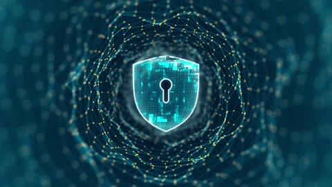 Motion graphic of Blue digital security shield logo and tunnel line connection w Stock Footage 312753329