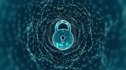 Motion graphic of Blue digital security key logo and tunnel line connection with Stock Footage 312753331