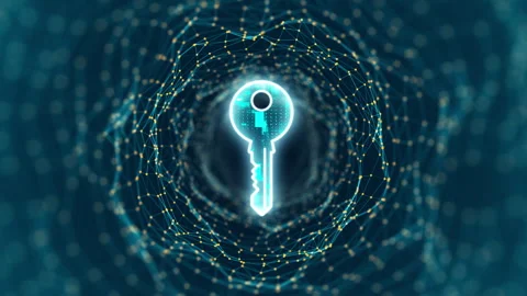 Motion graphic of Blue digital security key logo and tunnel line connection with Stock Footage 312753334