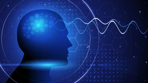 Motion graphic of a brain emitting waves within a futuristic backdrop Stock Footage 278235866