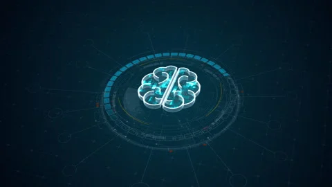 Motion graphic of brain intelligence technology glowing above a futuristic HUD i Vidéo 335062953