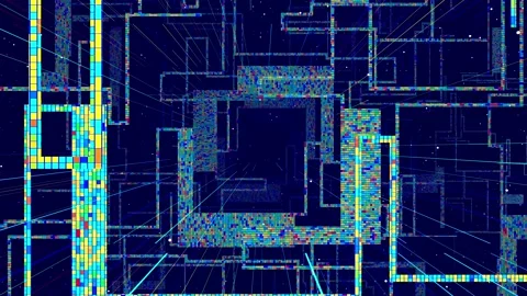 Motion graphic, camera fly in art space, multilayer structure with pattern, glow Stock Footage 162423597