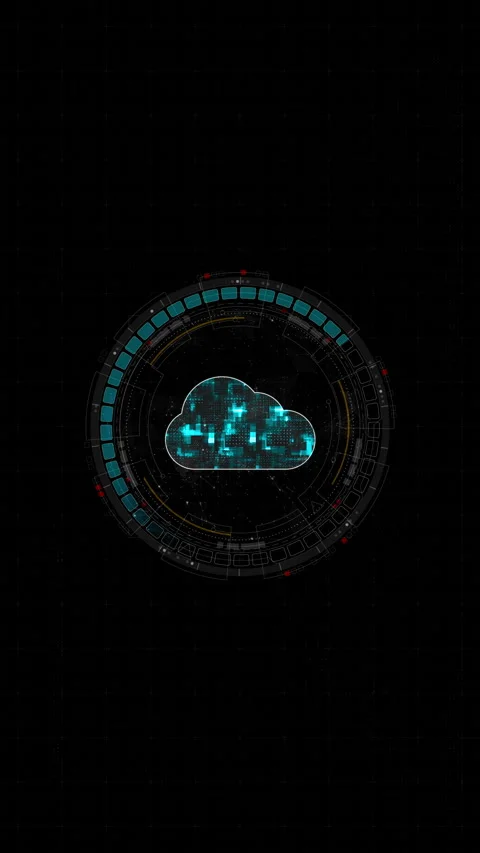 Motion graphic of cloud computing data network HUD interface with rotating circu Stock Footage 333452826