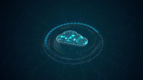 Motion graphic of cloud computing network glowing above a futuristic HUD interfa Stock Footage 335062967