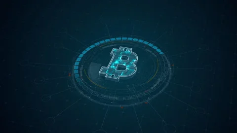 Motion graphic of cryptocurrency HUD interface with glowing cyan digital coin sy Stock Footage 335063150