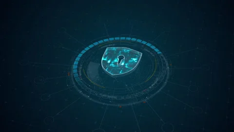 Motion graphic of cybersecurity shield protection glowing on a futuristic HUD in Video stock 335062964