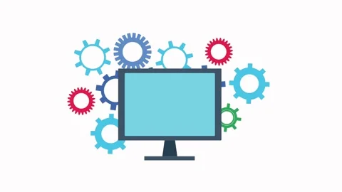A motion graphic of a desktop computer with a blue screen and gears rotatin.. 스톡 동영상 333721320