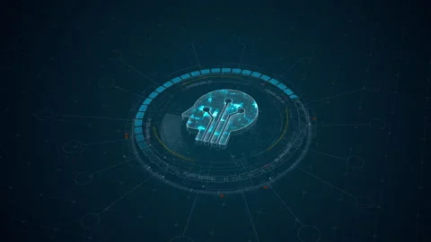 Motion graphic of digital head technology glowing above a futuristic HUD interfa Vídeo Stock 335062936