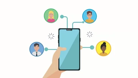 A motion graphic of a hand holding a smartphone connecting to diverse users.. 库存影片 338993670