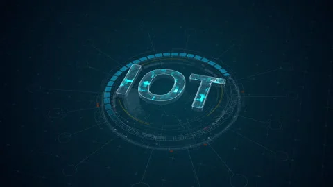 Motion graphic of IoT network HUD interface with glowing cyan letters, rotating  Stock Footage 335063095