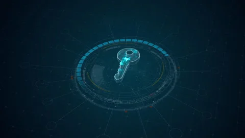 Motion graphic of key access security glowing on a futuristic HUD platform with  Видео 335062970