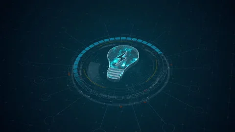 Motion graphic of light bulb HUD interface with glowing cyan energy icon, rotati Stock Footage 335063135
