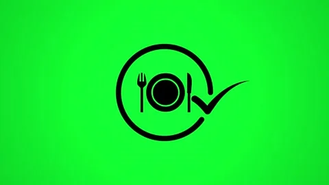 A motion graphic of a plate, fork, and knife inside a circle with a checkma.. 動画素材 346498022