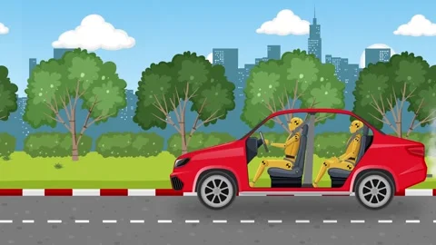 A motion graphic of a red car with crash test dummies driving on a road and.. Vídeos de archivo 332709215