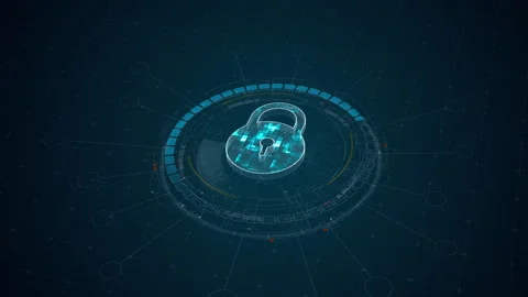 Motion graphic of security key access glowing above a futuristic HUD interface w Stock Footage 335062975