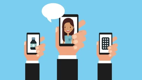 A motion graphic showing hands holding smartphones for telemedicine consult.. Stock Footage 333426403