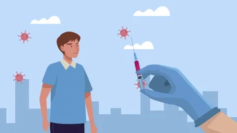 A motion graphic showing a man about to receive a vaccine shot with coronav.. Stock Footage 333608006