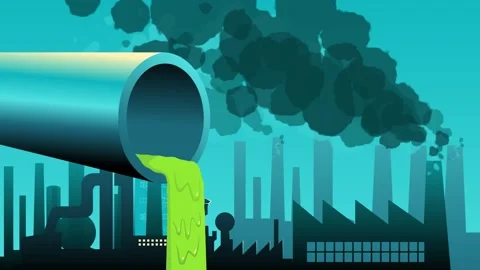 Motion graphic showing a waste pipe emitting green liquid from factories Video stock 259464848