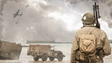 Motion graphic of soldier on a Normandy beach on D-Day Stock Footage