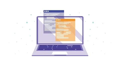A motion graphic video displaying a laptop with two program windows opening.. 動画素材 333721389