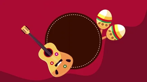 A motion graphic video with a guitar and maracas on a red background with a.. Stock Footage 338419002