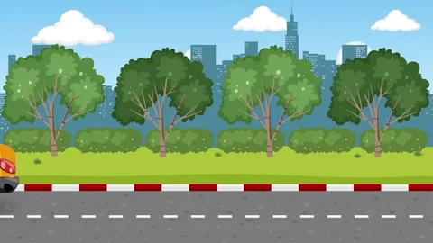 A motion graphic video shows a school bus driving on a road with city build.. Video stock 333808626