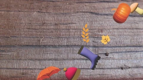 Motion graphics with autumn elements design on the wood texture screen Vidéo 285298416