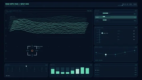 Motion graphics display showing sound depth and impact echo data Stock Footage 344921295