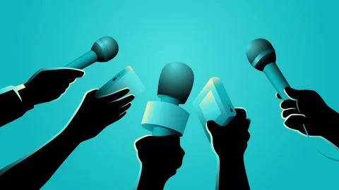 Motion graphics featuring hands holding microphones and recorders Stock Footage 261540857