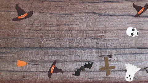 Motion graphics with Halloween elements designs on the wood texture screen Stock Footage 285699223
