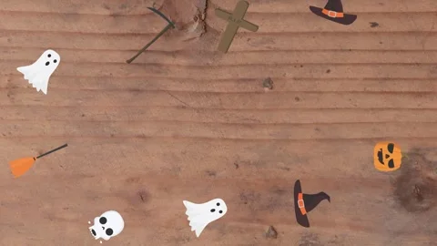Motion graphics with Halloween elements designs on the wood texture screen Stock Footage 285699231