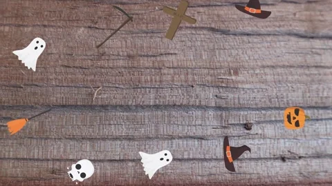 Motion graphics with Halloween elements designs on the wood texture screen Stock Footage 285699235