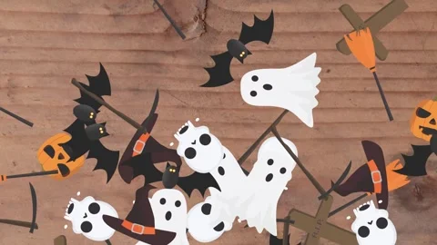 Motion graphics with Halloween elements designs on the wood texture screen Stock Footage 285699239