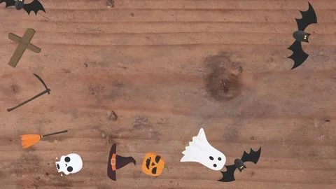 Motion graphics with Halloween elements designs on the wood texture screen Stock Footage 285699248