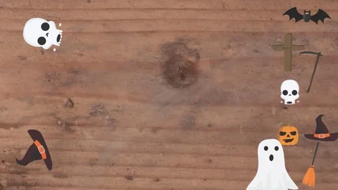 Motion graphics with Halloween elements designs on the wood texture screen 库存影片 285699262