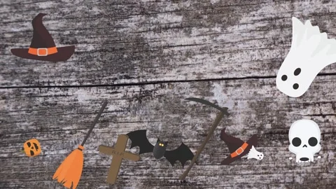 Motion graphics with Halloween elements designs on the wood texture screen Stock Footage 285699271