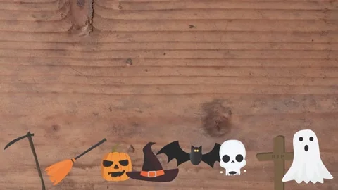 Motion graphics with Halloween elements designs on the wood texture screen Stock Footage 285699470