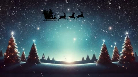 Motion graphics of Santa Claus flying in his sleigh on snowy Christmas night Stock Footage 289480328